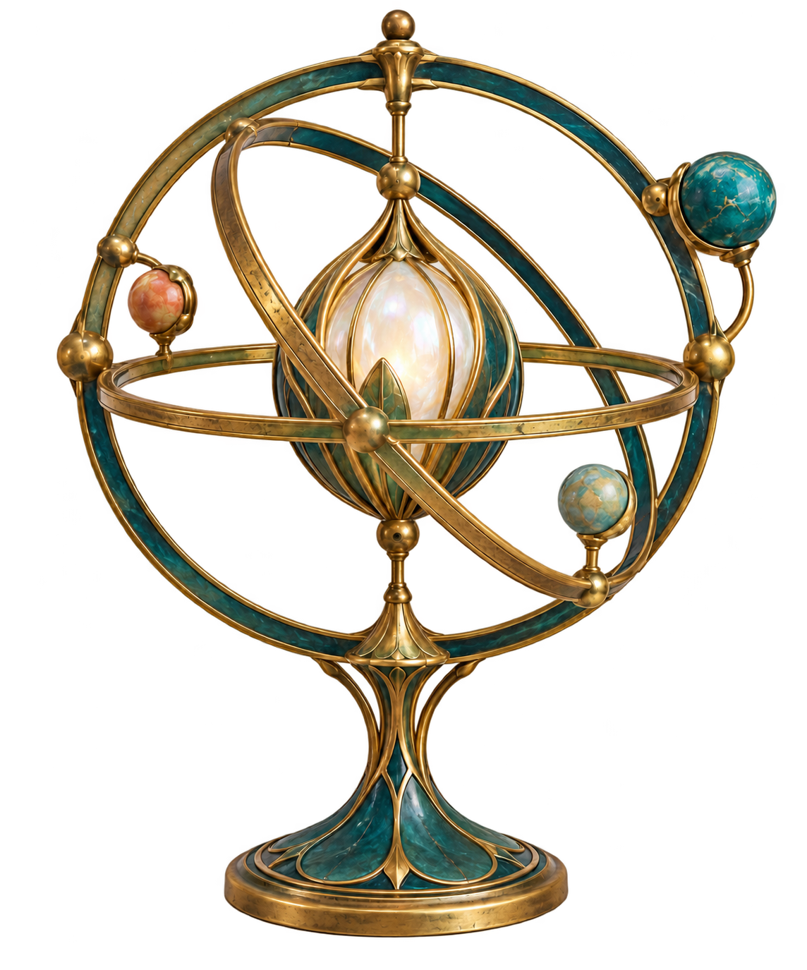 A sculptural celestial orrery combining orbital rings and a luminous seed-like core