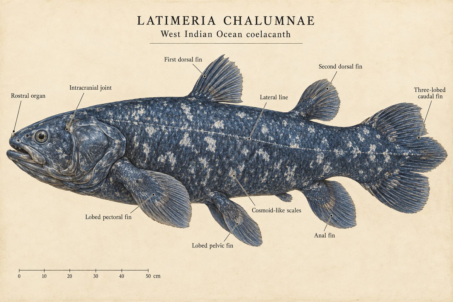 Annotated scientific plate of a West Indian Ocean coelacanth