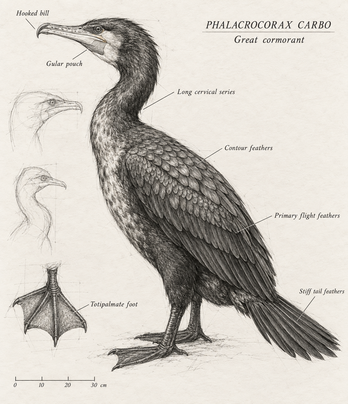 Graphite field-study plate of a great cormorant