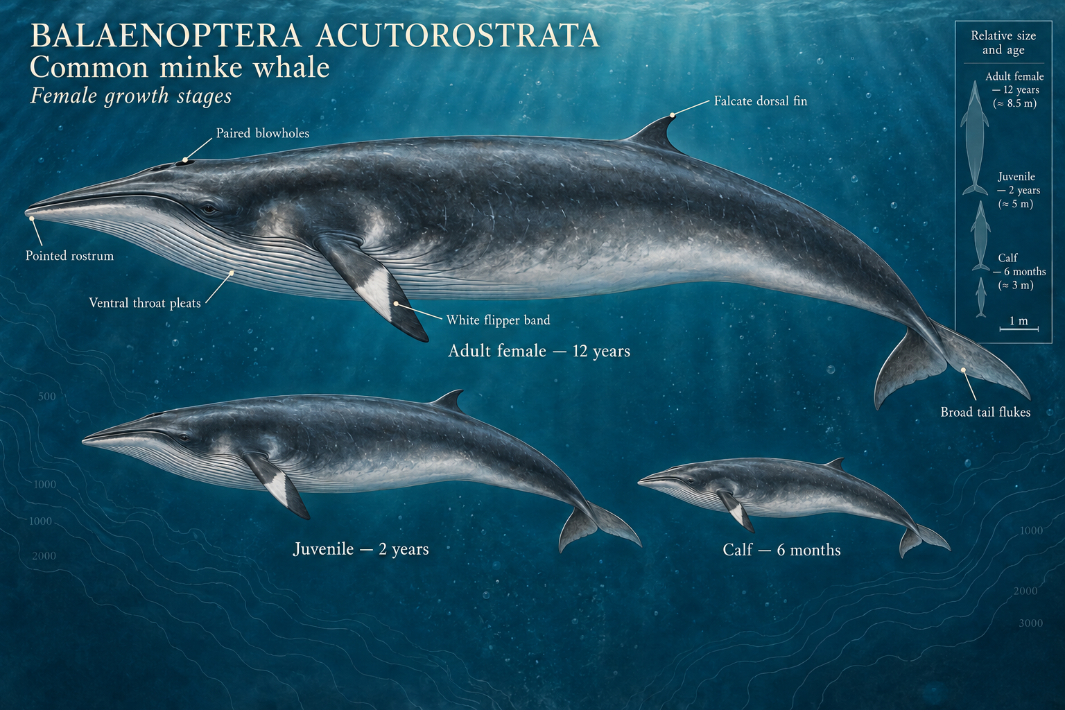 Ocean-blue scientific plate comparing three life stages of the common minke whale
