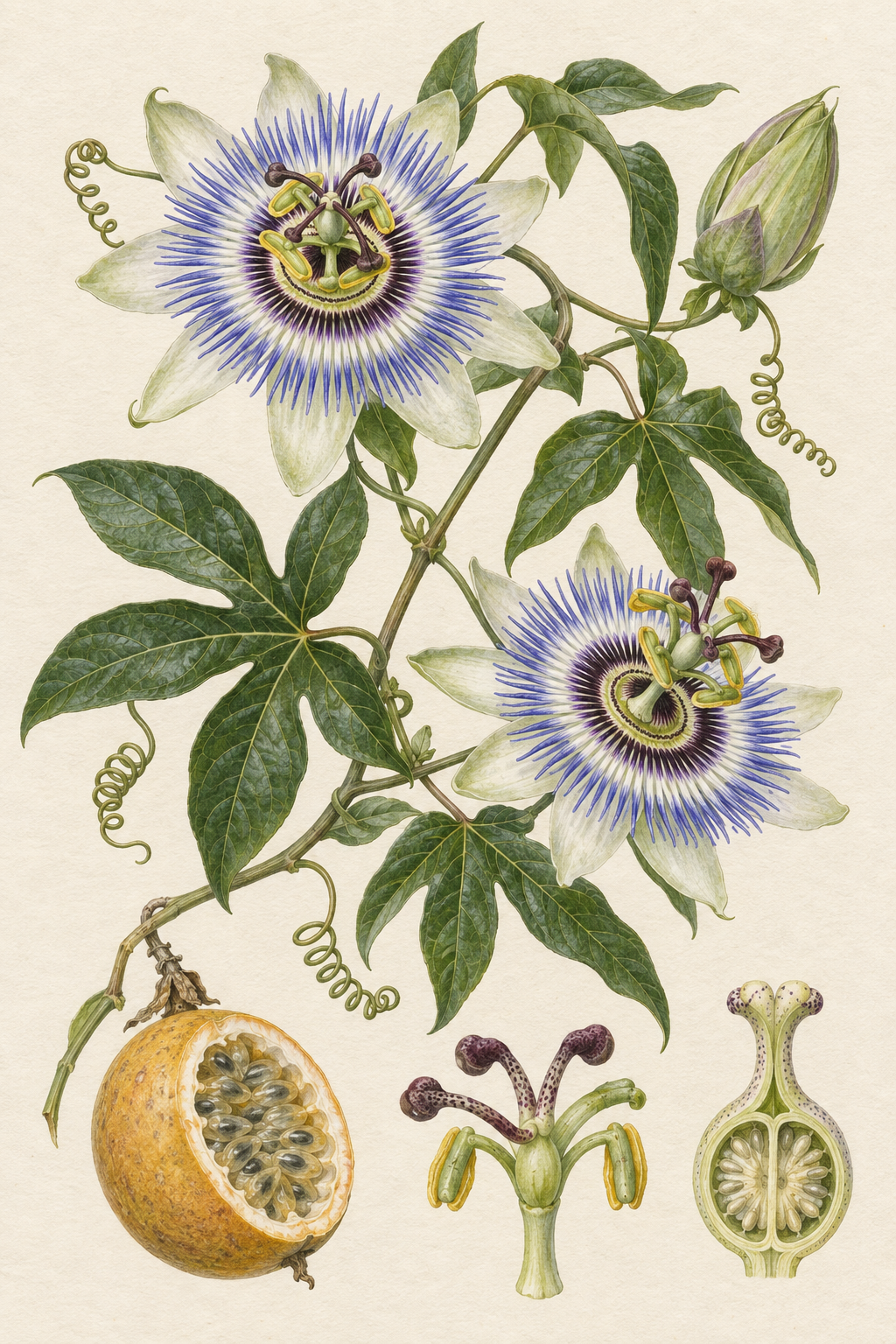 Detailed botanical illustration of blue passionflower